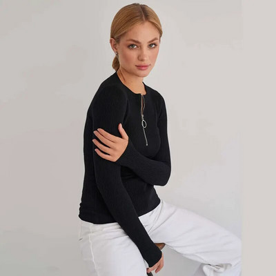 Solid O kakla rāvējslēdzēji Trikotāžas džemperis Sievietēm ar garām piedurknēm, savilkts, slaids džemperis Highstreet, mīksts, mājīgs džemperis 2023. gada ziema