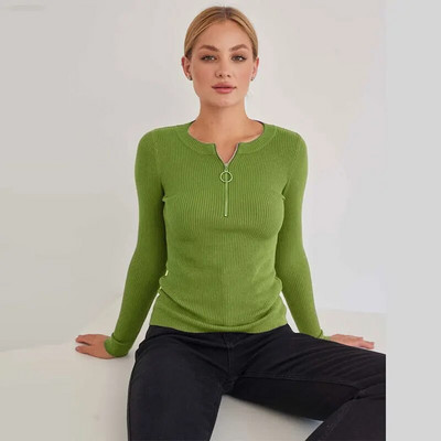 Solid O kakla rāvējslēdzēji Trikotāžas džemperis Sievietēm ar garām piedurknēm, savilkts, slaids džemperis Highstreet, mīksts, mājīgs džemperis 2023. gada ziema