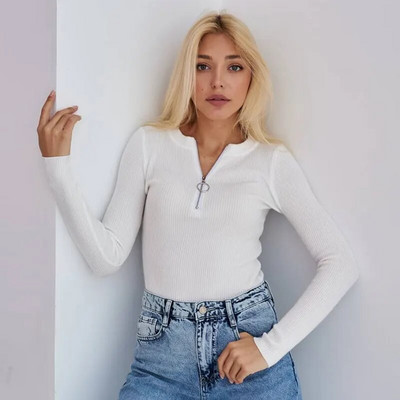 Solid O kakla rāvējslēdzēji Trikotāžas džemperis Sievietēm ar garām piedurknēm, savilkts, slaids džemperis Highstreet, mīksts, mājīgs džemperis 2023. gada ziema