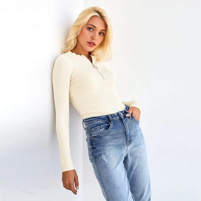 Solid O kakla rāvējslēdzēji Trikotāžas džemperis Sievietēm ar garām piedurknēm, savilkts, slaids džemperis Highstreet, mīksts, mājīgs džemperis 2023. gada ziema