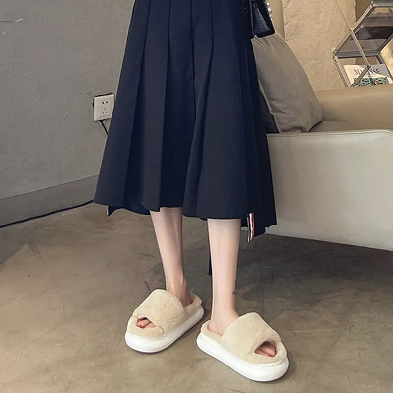 Χοντρές χνουδωτές γούνινες παντόφλες 2022 New Women Winter House Ζεστές γούνινες παντόφλες Γυναικείες σαγιονάρες Home Slides Επίπεδα παπούτσια εσωτερικού δαπέδου