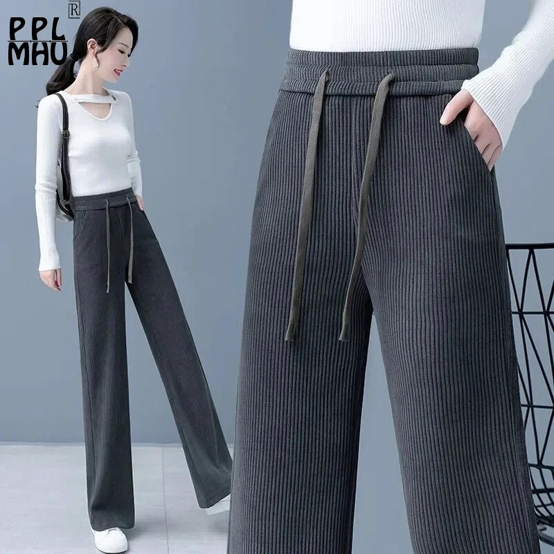 Γυναικείο παντελόνι Oversize 4xl με φαρδύ πόδι Μόδα κορδόνι ίσιο Pantalones φαρδύ παντελόνι Casual ελαστικό ψηλόμεσο κοτλέ παντελόνι