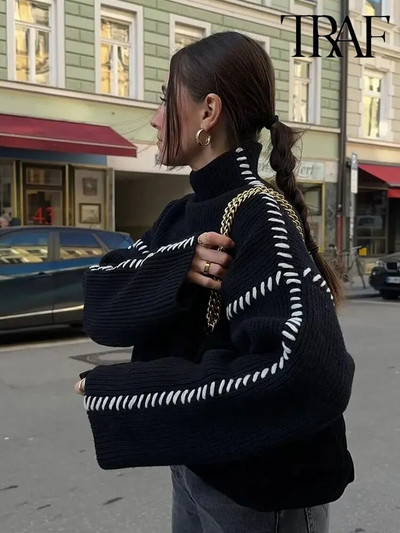 TRAF 2023 rudens žiemos negabaritinis megztinis, liekninantis laisvalaikio dizaino Sense Fashion trikotažo viršutiniai drabužiai