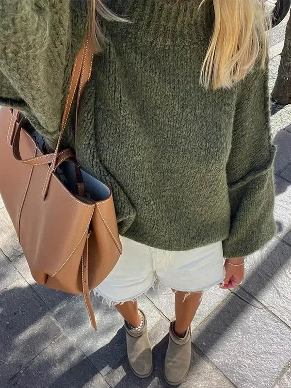 Női tömör kötött bő pulóver őszi lámpás ujjú vállra ejtő, nagyméretű pulóver felső női divatos, O-nyakú kötött pulóverek