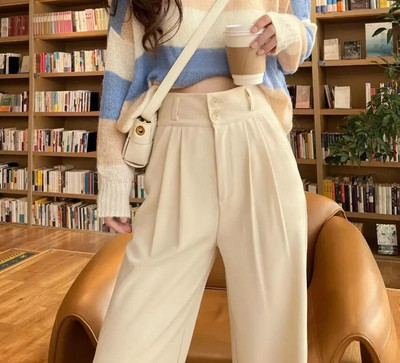 Fekete öltönynadrág női koreai divat 2 gombos széles szárú nadrág Vintage utcai ruházat magas derekú irodai női munkanadrág új