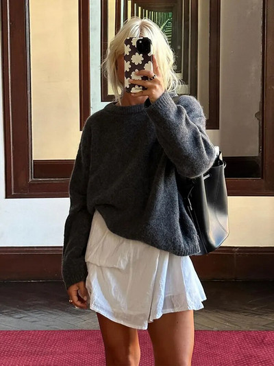 Sieviešu džemperi ar garām piedurknēm Trikotāžas džemperi ar īsu kakla izgriezumu, silti, brīvi džemperi Sieviešu rudens ziemas modes rievu ikdienas džemperis