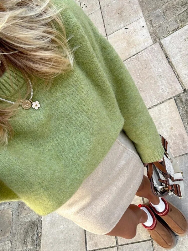 Sieviešu džemperi ar garām piedurknēm Trikotāžas džemperi ar īsu kakla izgriezumu, silti, brīvi džemperi Sieviešu rudens ziemas modes rievu ikdienas džemperis