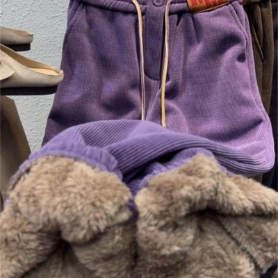 Vastag nadrág női kordbársony tömör alkalmi meleg melegítőnadrág női 2023 téli rugalmas derék divat puha szőrme nadrág női