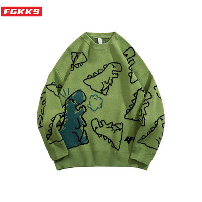 FGKKS pulover Muški Harajuku modni pleteni hip hop dinosaur pulover s crtićima O-izrezom Prevelike ležerne muške veste za par