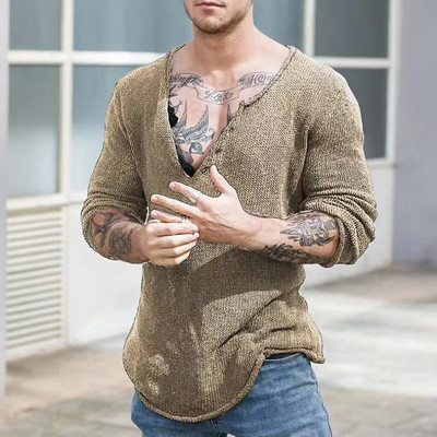 Férfi V nyakú utcai viselet Solid Basic Alkalmi laza férfi tavaszi és őszi pulóverek Simplicity Slim Fit hosszú ujjú vékony pulóver