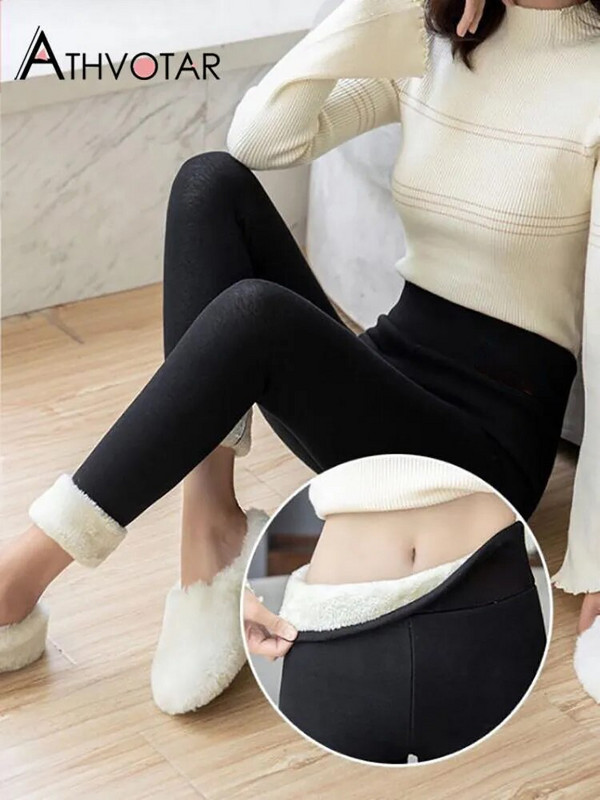 ATHVOTAR Bikses Sieviešu ziemas Fleece Bieza Jēra Vilna Ārējais Nodilums Termiski Augsts Viduklis Legingi Siltas Slim Melns Samta Sieviešu Bikses
