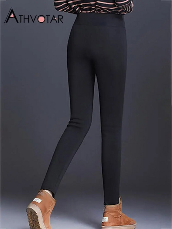 ATHVOTAR Bikses Sieviešu ziemas Fleece Bieza Jēra Vilna Ārējais Nodilums Termiski Augsts Viduklis Legingi Siltas Slim Melns Samta Sieviešu Bikses