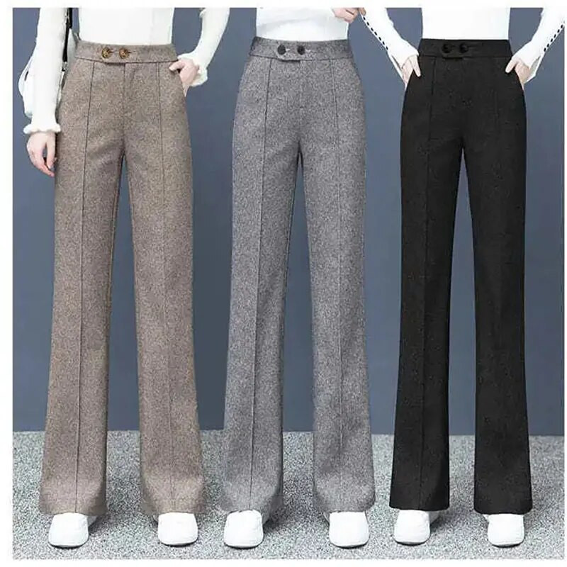 Ziemas bieza vilna oficiāla biroja bikses. Sieviešu bikses ar platām kājām korejiešu modes ar augstu vidukli Taisnas bikses ikdienišķas, mājīgas liela izmēra 3xl bikses