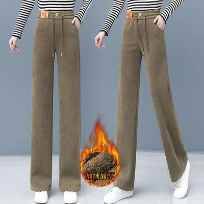 Moteriškos laisvalaikio žieminės plačios kelnės šiltos plius aksominės kelnaitės aukštu juosmeniu „Baggy Fashion“ pliušinės storos tiesios sportinės kelnės