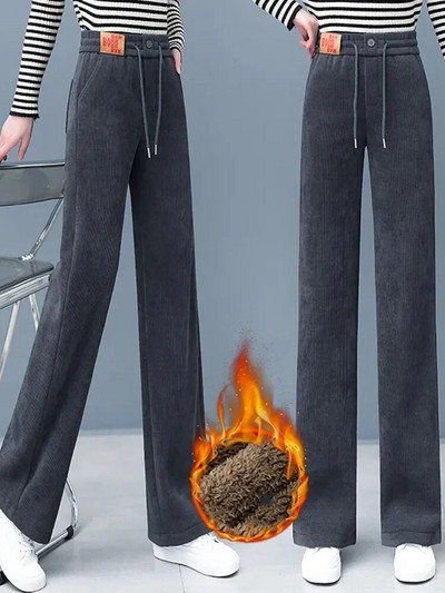 Moteriškos laisvalaikio žieminės plačios kelnės šiltos plius aksominės kelnaitės aukštu juosmeniu „Baggy Fashion“ pliušinės storos tiesios sportinės kelnės