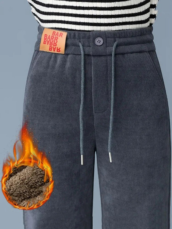 Moteriškos laisvalaikio žieminės plačios kelnės šiltos plius aksominės kelnaitės aukštu juosmeniu „Baggy Fashion“ pliušinės storos tiesios sportinės kelnės