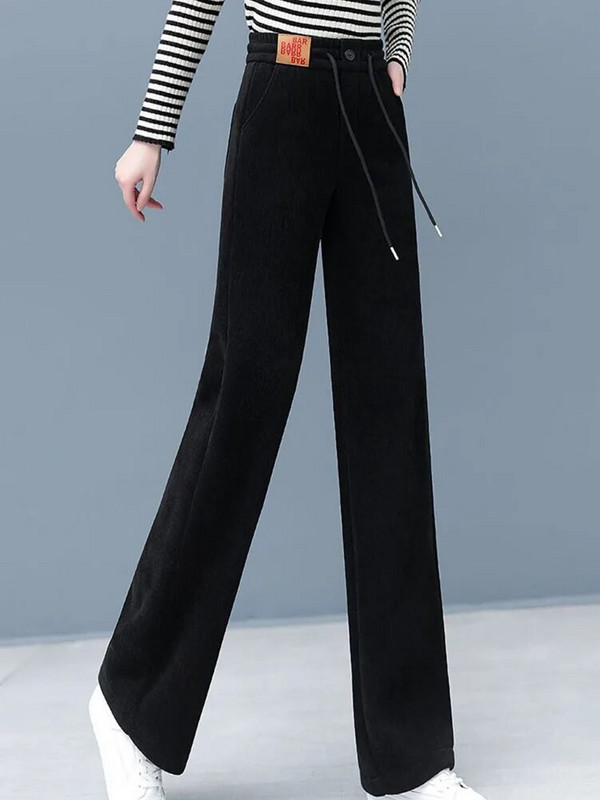 Moteriškos laisvalaikio žieminės plačios kelnės šiltos plius aksominės kelnaitės aukštu juosmeniu „Baggy Fashion“ pliušinės storos tiesios sportinės kelnės