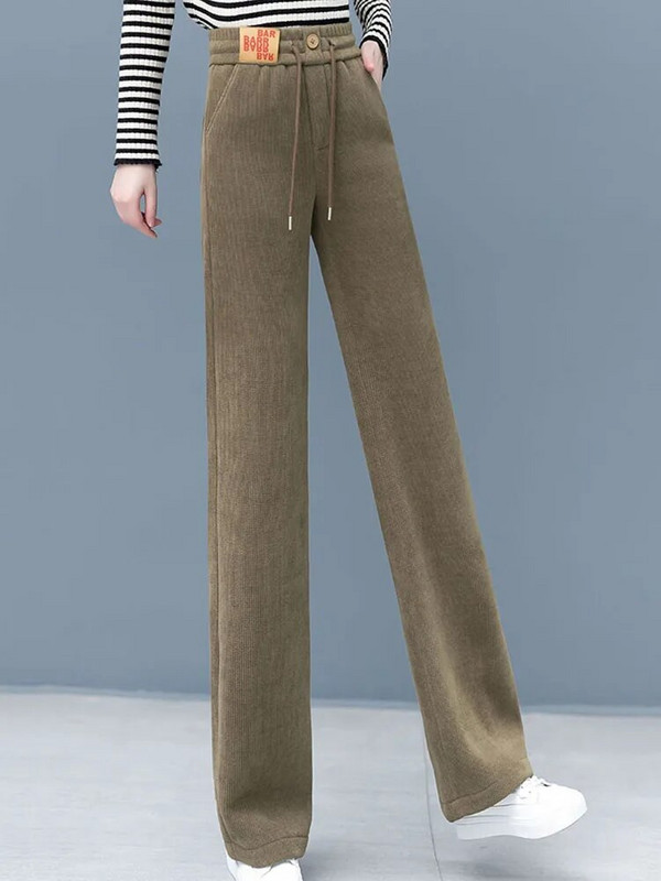 Moteriškos laisvalaikio žieminės plačios kelnės šiltos plius aksominės kelnaitės aukštu juosmeniu „Baggy Fashion“ pliušinės storos tiesios sportinės kelnės