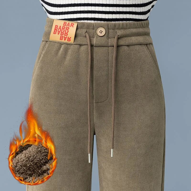 Moteriškos laisvalaikio žieminės plačios kelnės šiltos plius aksominės kelnaitės aukštu juosmeniu „Baggy Fashion“ pliušinės storos tiesios sportinės kelnės