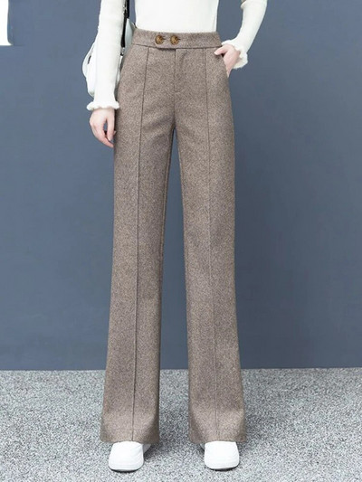 Sieviešu siļķu kaula vilnas auduma platas bikses, 2023. gada rudens un ziemas bikses ar augstu vidukli