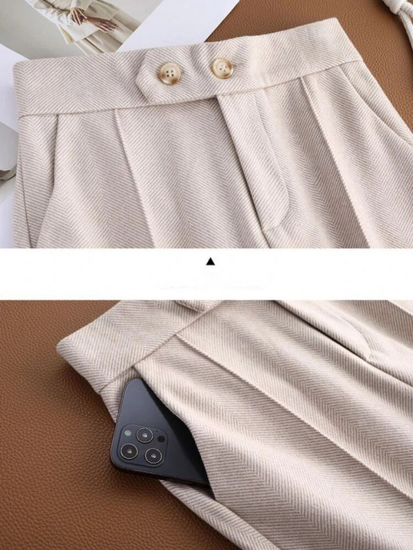 Sieviešu siļķu kaula vilnas auduma platas bikses, 2023. gada rudens un ziemas bikses ar augstu vidukli