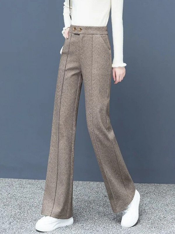 Sieviešu siļķu kaula vilnas auduma platas bikses, 2023. gada rudens un ziemas bikses ar augstu vidukli