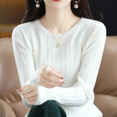 Sieviešu džemperi pavasara rudens trikotāžas džemperi ar O veida izgriezumu, krekls ar brīvu apakšu Kašmira modes džemperis vienkrāsains rozā džemperis