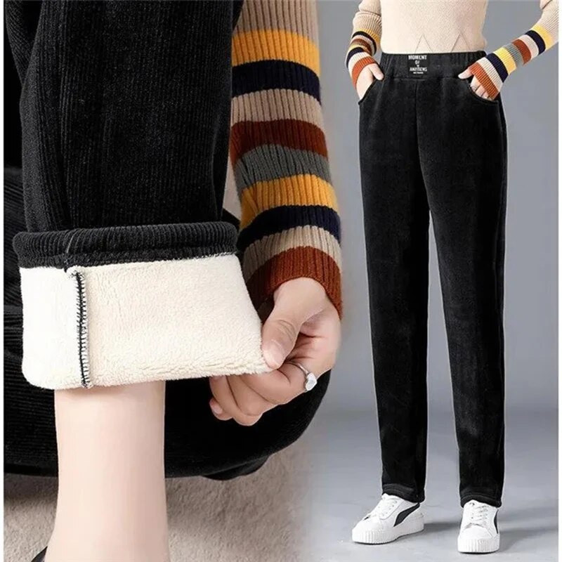 Jaunas ziemas, biezas, siltas, jēra vilnas harēma bikses sievietēm ar augstu vidukli ar flīsa oderi, ikdienas pantalones samta bikses līdz potītēm