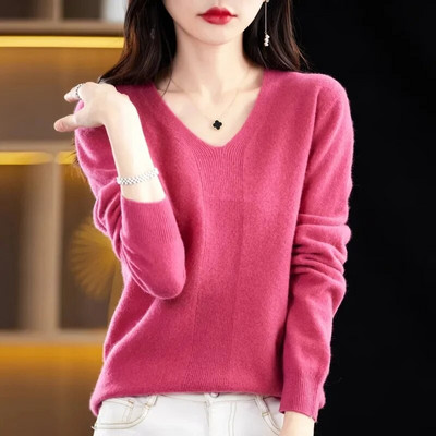 Modes sieviešu trikotāžas džemperi ar garām piedurknēm Pavasaris Rudens Jauni Solid Slim V-veida kakla korejiešu pamata ikdienas džemperi ar džemperiem