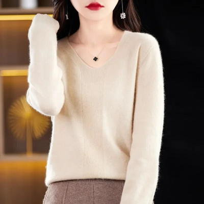 Modes sieviešu trikotāžas džemperi ar garām piedurknēm Pavasaris Rudens Jauni Solid Slim V-veida kakla korejiešu pamata ikdienas džemperi ar džemperiem