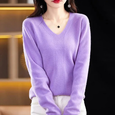 Modes sieviešu trikotāžas džemperi ar garām piedurknēm Pavasaris Rudens Jauni Solid Slim V-veida kakla korejiešu pamata ikdienas džemperi ar džemperiem
