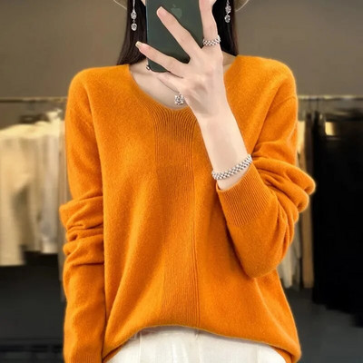 Modes sieviešu trikotāžas džemperi ar garām piedurknēm Pavasaris Rudens Jauni Solid Slim V-veida kakla korejiešu pamata ikdienas džemperi ar džemperiem