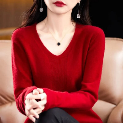 Modes sieviešu trikotāžas džemperi ar garām piedurknēm Pavasaris Rudens Jauni Solid Slim V-veida kakla korejiešu pamata ikdienas džemperi ar džemperiem