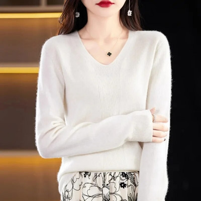 Modes sieviešu trikotāžas džemperi ar garām piedurknēm Pavasaris Rudens Jauni Solid Slim V-veida kakla korejiešu pamata ikdienas džemperi ar džemperiem