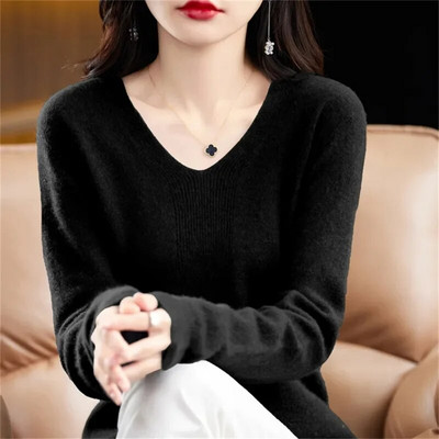 Modes sieviešu trikotāžas džemperi ar garām piedurknēm Pavasaris Rudens Jauni Solid Slim V-veida kakla korejiešu pamata ikdienas džemperi ar džemperiem