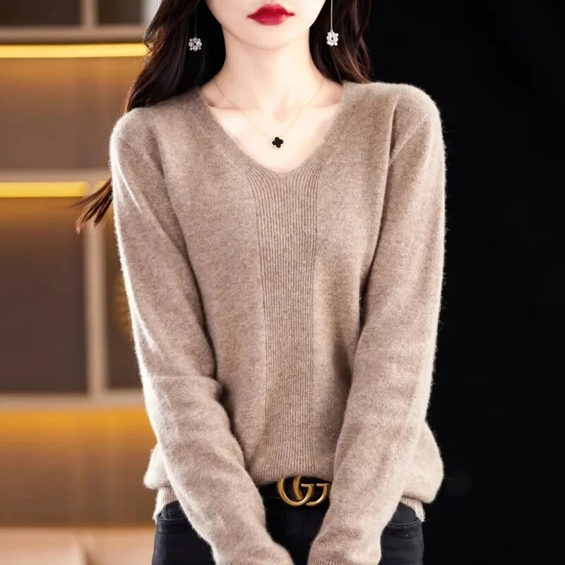 Modes sieviešu trikotāžas džemperi ar garām piedurknēm Pavasaris Rudens Jauni Solid Slim V-veida kakla korejiešu pamata ikdienas džemperi ar džemperiem