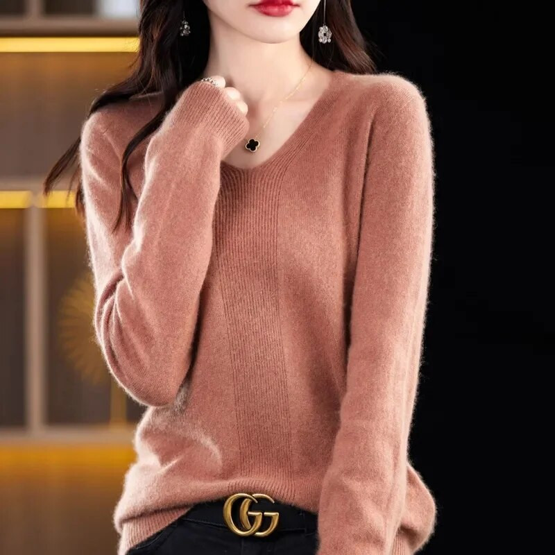 Modes sieviešu trikotāžas džemperi ar garām piedurknēm Pavasaris Rudens Jauni Solid Slim V-veida kakla korejiešu pamata ikdienas džemperi ar džemperiem