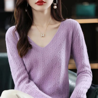 Sieviešu džemperis pavasara rudens trikotāžas džemperi ar V veida kakla izgriezumu Slim Fit apakšmalas krekli Masīvi, mīksti trikotāžas džemperi Pamata džemperi