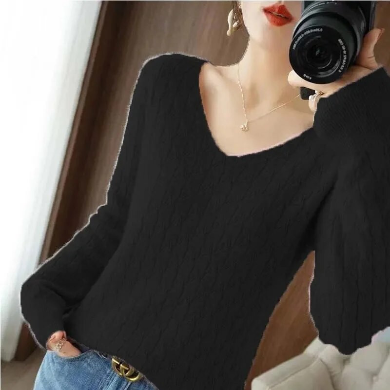 Sieviešu džemperis pavasara rudens trikotāžas džemperi ar V veida kakla izgriezumu Slim Fit apakšmalas krekli Masīvi, mīksti trikotāžas džemperi Pamata džemperi