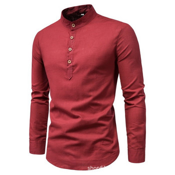 Мъжка едноцветна ежедневна тънка бизнес риза с права яка и дълги ръкави