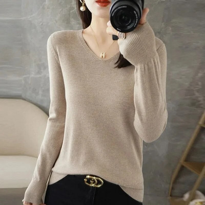 2023 Novi ženski džemperi Proljeće Jesen Pleteni puloveri s V-izrezom Široki donji dio Košulja Modni džemper od kašmira Jednobojni ružičasti džemper