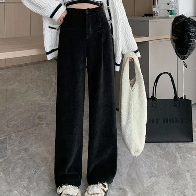 Augsts viduklis Samta platas kājas Bikses Sieviešu Causal brīvas sporta bikses Mamma Eleganta Taisnas Pantalones Baggy Bikses Vienkrāsains Streetwea