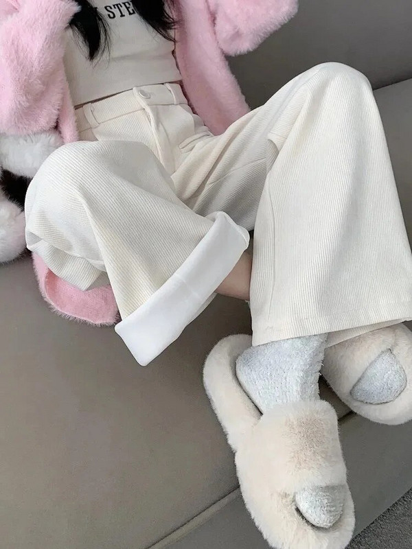 Augsts viduklis Samta platas kājas Bikses Sieviešu Causal brīvas sporta bikses Mamma Eleganta Taisnas Pantalones Baggy Bikses Vienkrāsains Streetwea