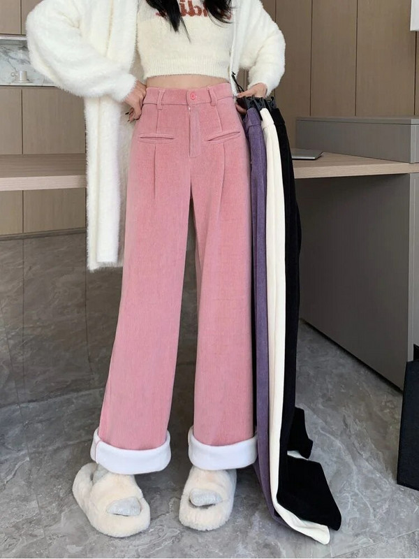 Augsts viduklis Samta platas kājas Bikses Sieviešu Causal brīvas sporta bikses Mamma Eleganta Taisnas Pantalones Baggy Bikses Vienkrāsains Streetwea