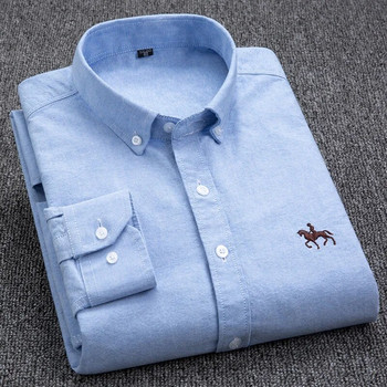 100% памучна оксфордска риза, мъжка риза с бродирани коне с дълъг ръкав, ежедневна без джобове, плътна жълта риза, мъжка плюс размер S-6XL