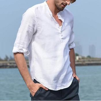 Мъжка ежедневна стояща яка, едноцветна ленена риза с дълъг ръкав, модерен дишащ свободен младежки модел