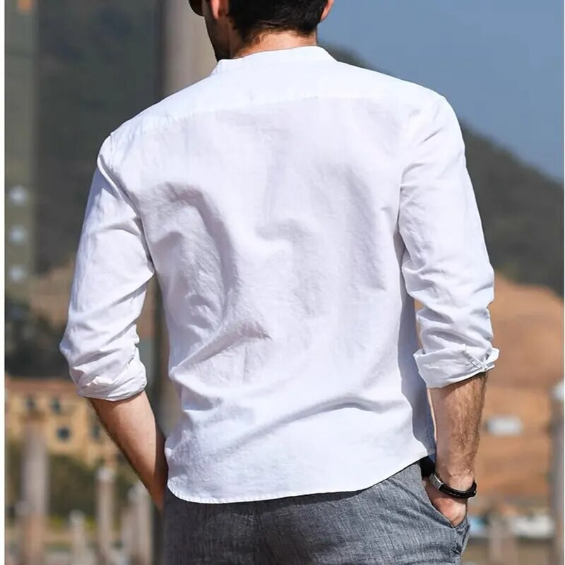 Vīriešu ikdienišķa apkakle, vienkrāsains lina krekls ar garām piedurknēm, moderns, elpojošs, brīvs jauniešu modelis