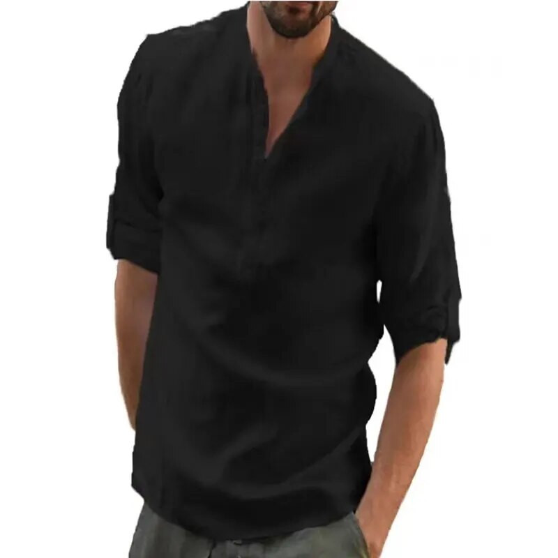 Vīriešu ikdienišķa apkakle, vienkrāsains lina krekls ar garām piedurknēm, moderns, elpojošs, brīvs jauniešu modelis