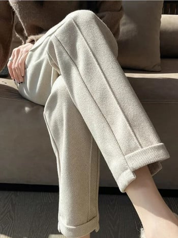Ψηλόμεσο Tweed ίσιο παντελόνι Φθινόπωρο/Χειμώνας Νέο γυναικείο παντελόνι S Loose casual ψαροκόκκαλο ζεστό παχύ κομμένο παντελόνι E171