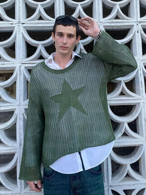 Vīriešu džemperis Harajuku Hollow Out Knit Pulovers Crewneck Rudens Vintage zvaigžņu grafika Grunge Top Fashion Kokvilnas džemperis sievietēm